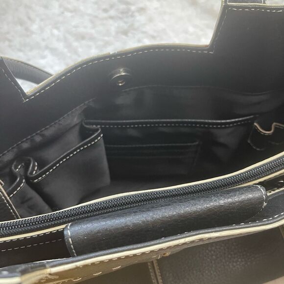 Franklin Covey Black Genuine Leather beige stitch shoulder bag tassel accent - Picture 13 of 13